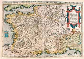 Galliae regni potentiss. nova descriptio. Ioanne Ioliveto auctore. Mapa geográfico del territorio de la Galia (Francia) de “Theatrum Orbis Terrarum” por Abraham Ortelius