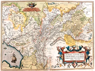 Gelriae, Cliviae, Finitimorum Qe Locorum Verissima Descriptio Christiano Schrot. Auctore. Mapa geográfico del territorio de los Países Bajos alemanes de 