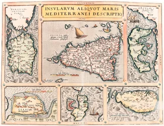 Insularum Aliquot Maris Mediterranei Descriptio. Mapa geográfico de las islas del Mediterráneo de Sicilia, Cerdeña, Corfú, Malta, Djerba y Elba de “Theatrum Orbis Terrarum” por Abraham Ortelius