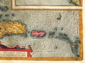 Mapa de la Isla de La Española, Santo Domingo, Puerto Rico y parte de las Antillas de Abraham Ortelius