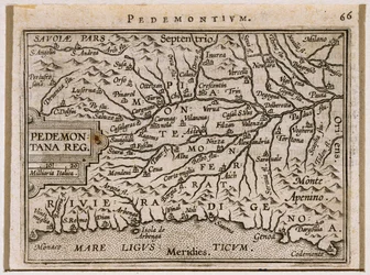 Regiones de Piamonte y Liguria Occidental. De Theatrum Orbis Terrarum por Abraham Ortelius