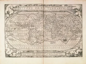Planisferio de Theatrum Orbis Terrarum por Abraham Ortelius, impreso en Amberes