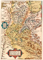 Sabaudia et Burgundiae Comitus description Mapa geográfico del territorio de Borgoña y Saboya (Pontarlier, Dijon, Lago Lemán y Suiza) de “Theatrum Orbis Terrarum” por Abraham Ortelius (Oertel, Ortell o Ortel)