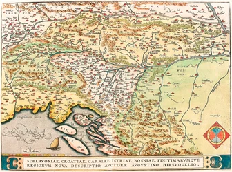 Schlavoniae, Croatiae, Carniae, Istriae, Bosniae, Finitimarumque Regionum Nova Descriptio, Auctore Augustino Hirsuogelio Mapa geográfico de los territorios de Eslavonia, Croacia, Bosnia y Dalmacia de “Theatrum Orbis Terrarum” de Abraham Ortelius