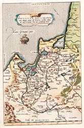 Thietmarsiae, Holsaticae regionis partes typus Mapa geográfico del territorio en el norte de Polonia con la ciudad de Dantzig (Dantzig, Gdansk) tomado de “Theatrum Orbis Terrarum” por Abraham Ortelius (Oertel, Ortell o Ortel)