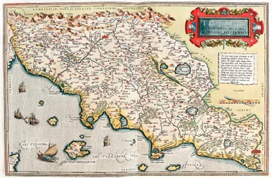 Thusciae. Descriptio auctore Hieronymo Bellamarto Mapa geográfico del territorio de Toscana en Italia de “Theatrum Orbis Terrarum” por Abraham Ortelius