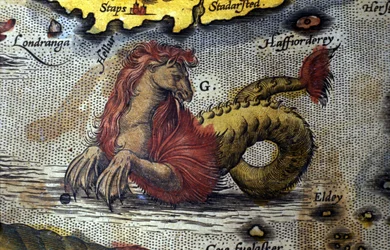 Representación de un monstruo marino mitad caballo mitad serpiente marina. Lámina de una edición de “Theatrum Orbis Terrarum” del cartógrafo Abraham Ortelius (1527-1598)