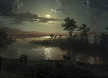 Escena nocturna con luna llena y personas