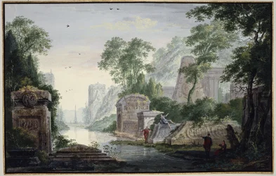 Antiguas ruinas sepulcrales en un paisaje fluvial