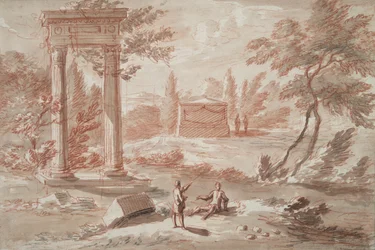 Paisaje con tumba, ruinas y figuras.