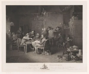 Interior con hombres discutiendo alrededor de una mesa Village Politicians (título sobre el objeto)