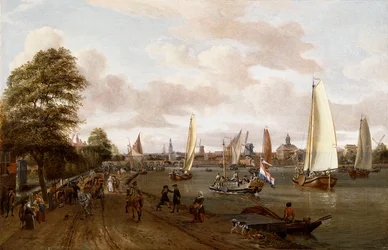Vista panorámica de Ámsterdam con una barcaza y pequeños barcos en el Buiten-Amstel