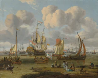 Holandés: Schepen op het IJ voor Amsterdam Navegación frente a Amsterdam con figuras en un muelle