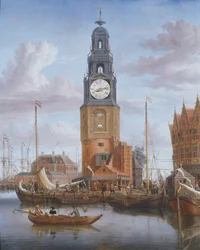 Vista de la Torre Haringspacker en Ámsterdam, con una esfera de reloj funcionando integrada en la pintura, 1684