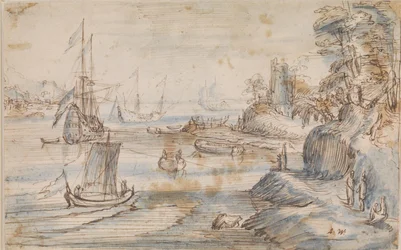 Paisaje Costero con Varios Barcos, una Costa Alta con Varias Figuras