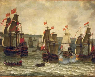 Batalla naval entre barcos holandeses y británicos, episodio de la Primera Guerra Anglo-Holandesa (anglo-holandesa) 1652-1654. Óleo sobre madera de Abraham Willaerts (1603-1669).