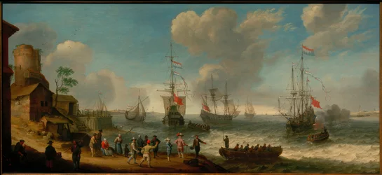 Barcos holandeses en la desembocadura de un río