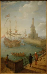 Barco español de tres cubiertas anclado frente a Nápoles