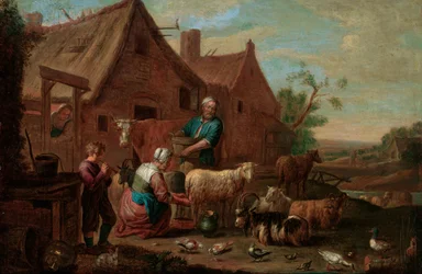 Familia campesina con ganado, ovejas y cabras en un corral