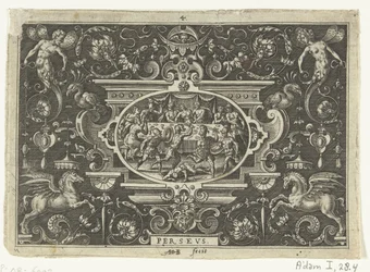 Cartouche: Phineus interrumpe la boda de Perseo y Andrómeda PERSEO (título sobre objeto) Cartuchos ovalados con escenas de la vida de Perseo en el marco de grutescos (título de la serie)