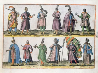 Indumentaria militar húngara y polaca durante el siglo XVI, de «Trajes de diferentes naciones de Europa, Asia, África y América», publicado en Amberes en 1581