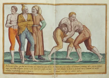 Turcos luchando, trajes del siglo XVI de Omnium Poene Gentium Imagines, publicado en Colonia, 1577 (grabado coloreado a mano)