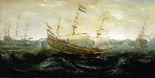 Barco holandés navegando en un mar muy turbulento, con las velas reducidas, en el que el viento arrecia. Óleo sobre cobre, hacia 1625, de Abraham de Verwer (hacia 1585-1650).