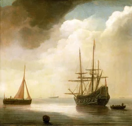 Barco holandés en mar en calma. A su izquierda, un pesquero en faena; a su derecha, un barco anclado. Óleo sobre madera de Abraham de Verwer (hacia 1585-1650).