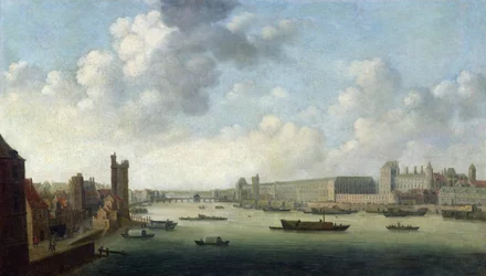 Vista en perspectiva de París desde el Puente Barber río abajo, representando el Hôtel Bourbon, La Grande Galerie del Louvre, c.1640