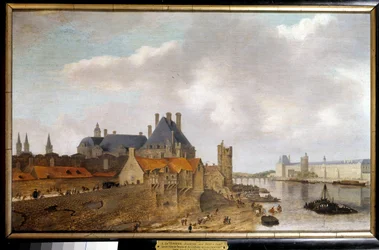 Vista del hotel de Nevers, la torre de Nesles y la Gran Galería del castillo del Louvre vista desde el Pont Neuf