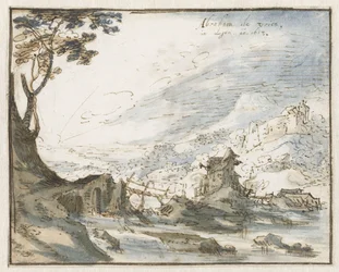 Paisaje montañoso con un puente de madera