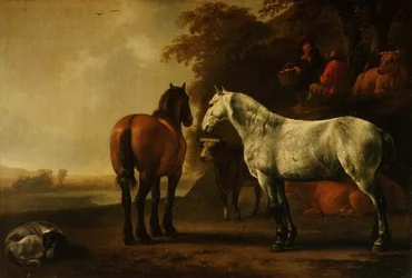 Caballos y ganado en un paisaje