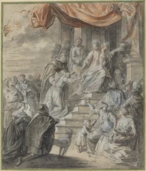 Madonna y niño con rosario y santo