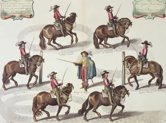El Marqués de Newcastle dando una lección de equitación al Capitán Mazin, lámina 15 de El Método y Nueva Invención de Vestir Caballos por William Cavendish (1592-1676) Marqués de Newcastle, grabado por Lucas Vo