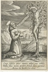 Santo arrodillado ante Cristo en la cruz