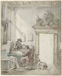 Escena interior con un hombre que escribe en un escritorio.