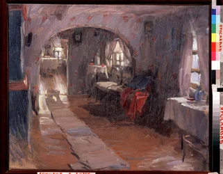 En una casa de campo. Pintura de Abram Yefimovich Arkhipov (1862-1930). Óleo sobre lienzo, 71,5 x 88 cm