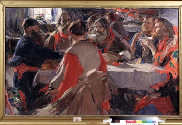 Hora del té (beber té). Pintura de Abram Yefimovich Arkhipov (1862-1930). Óleo sobre lienzo, 79 x 31 cm. Arte ruso, finales del siglo XIX y principios del XX. Galería de Arte Estatal B. Kustodiev, Astrakhan (Rusia).