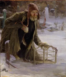 El cazador de pájaros. Vestido miserablemente, arrodillado en la nieve, un hombre sostiene una jaula. Pintura de Abram Yefimovich Arkhipov (1862-1930), óleo sobre lienzo