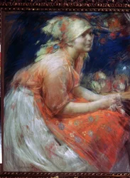 Una joven campesina (Una campesina). Pintura de Abram Yefimovich Arkhipov (1862-1930). Pastel sobre lienzo, 88 x 71 cm