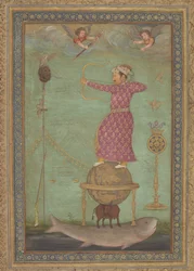 Jahangir disparando a la cabeza de Malik Ambar, principios del siglo XVII (acuarela opaca, tinta y oro sobre papel)