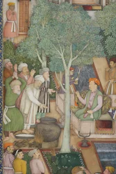 Emperador Jahangir con hombres santos en un jardín (detalle)