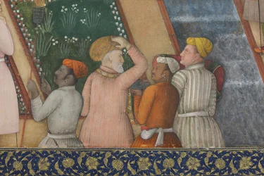 (detalle) del Emperador Jahangir con hombres santos en un jardín, c.1615