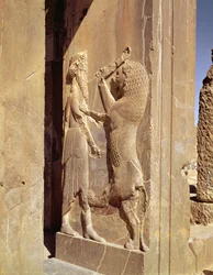 Darío luchando contra el león, detalle de la entrada oeste del palacio de Darío el Grande