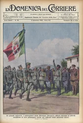 1935 Los ametralladores de la División Brennero desfilan frente al Duce - DOMENICA DEL CORRIERE - maniobra militar. Las tropas pasan frente a Benito Mussolini - Ilustración de Achille Beltrame (1871-1945)