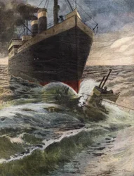 Un transatlántico alemán vuelca y rompe un submarino de la flota inglesa frente a la costa de Dover - Ilustración de Beltrame - “La Domenica del Corriere” octubre 1912