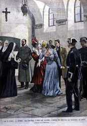 En Madrid, una joven, Mademoiselle Ubao, es arrancada de la vida religiosa en un convento donde se encontraba por sugerencia de los Jesuitas. Ilustración de Beltrame. La Domenica del corriere. 1901