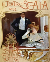 Una pareja en un camerino del Teatro alla Scala. La joven observa la escena con un par de binoculares. Ilustración de Achille Beltrame