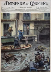 Un ciclón arrojó una gran cantidad de agua sobre Palermo, inundando plazas, calles y obligando a la gente a abandonar sus hogares para refugiarse en botes. Estas inundaciones resultaron en varias víctimas - dib. de A. Beltrame en "la Domenica del Corriere"