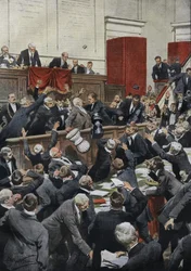 Una sesión tormentosa en la Cámara de Diputados italiana durante un debate presupuestario. El diputado Chiesa suspende la votación arrojando la urna. “La Domenica del Corriere”